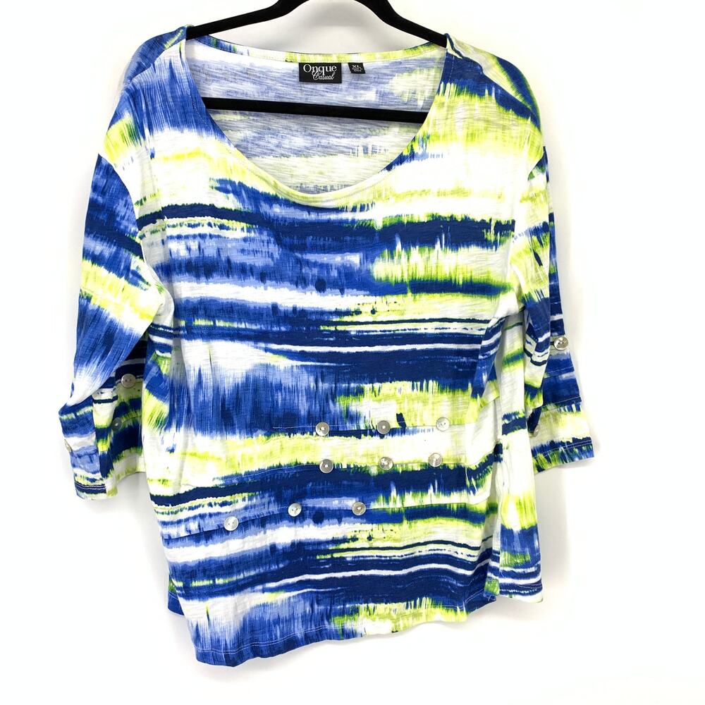 Onque Casual 3/4 Sleeve Scoop Neck T-Shirt Sz XL Blue Yellow Stripe Embellished